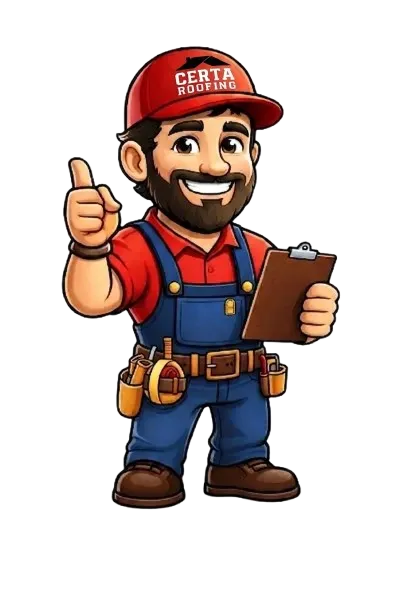Certa Roofing mascot cartoon roofer with clipboard illustration