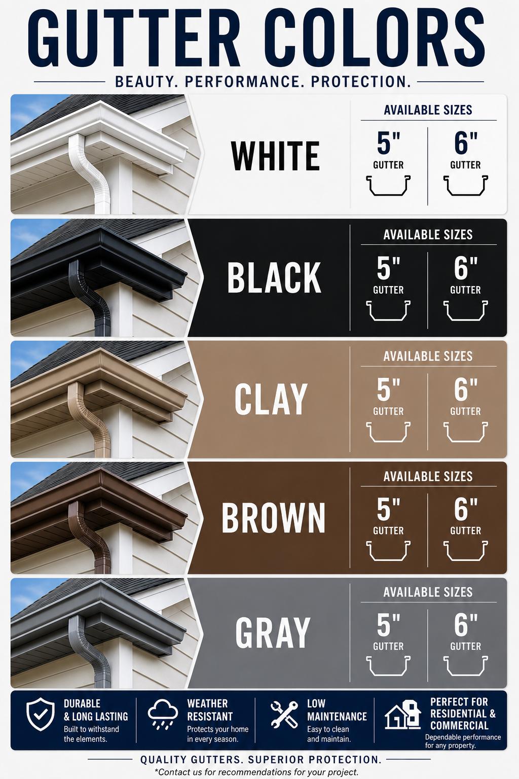 Gutter color options white, black, clay, brown, gray in 5-inch and 6-inch sizes